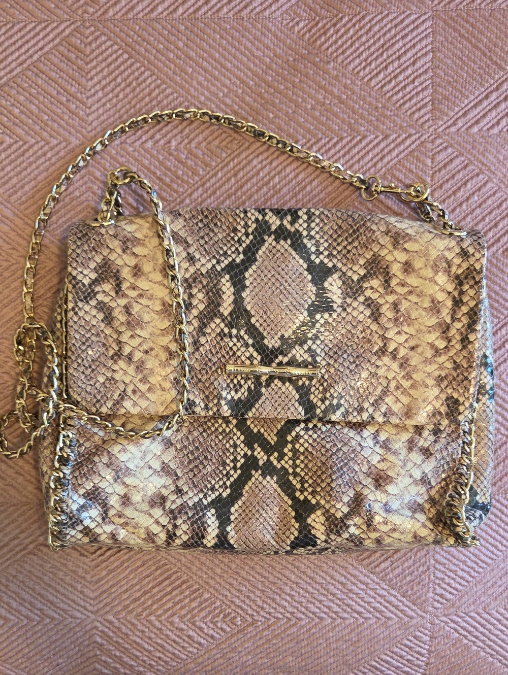 Elaine Turner Leather Crossbody  Embossed Snake-Print Gold Chain Strap